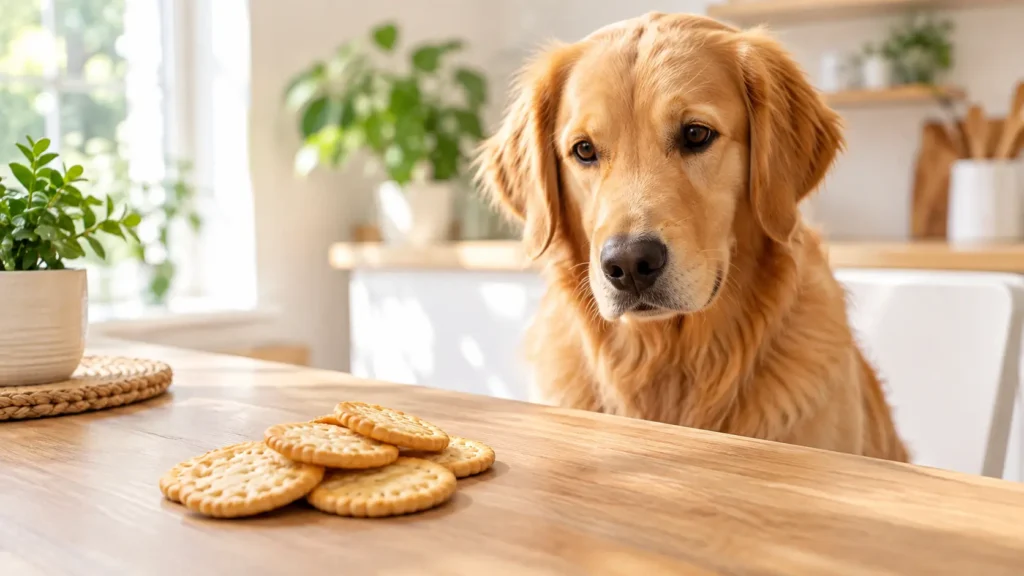 Plain crackers next to a dog, illustrating whether dogs can safely eat crackers