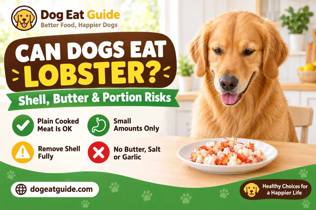 A golden retriever beside a plate of plain cooked lobster meat with the title "Can Dogs Eat Lobster? Shell, Butter and Portion Risks"
