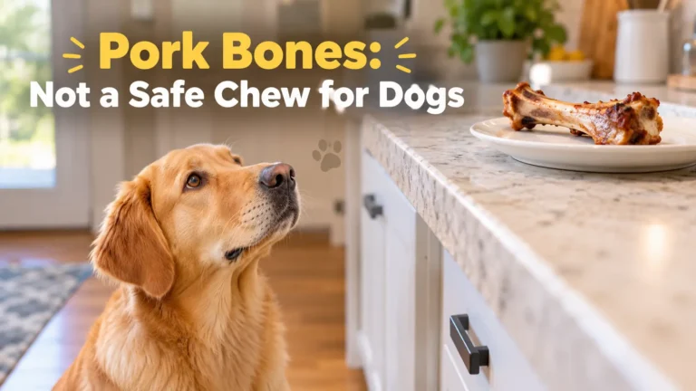 Golden Retriever looking at a cooked pork bone on a kitchen counter, illustrating that pork bones are not a safe chew for dogs
