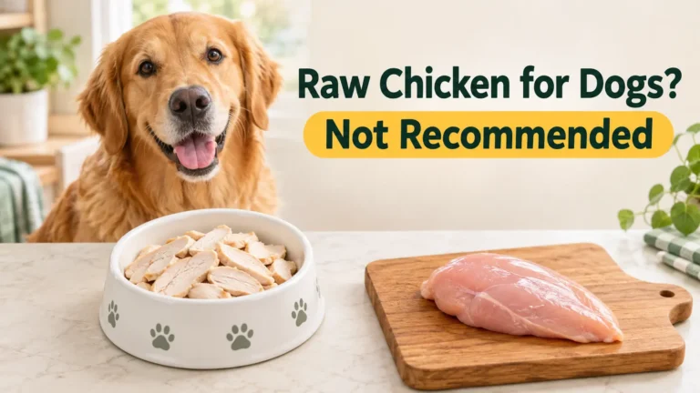 Dog looking at a bowl of cooked chicken beside raw chicken on a cutting board
