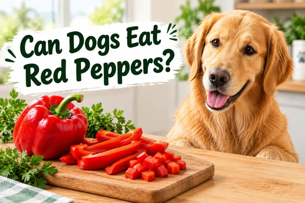 Golden retriever looking at sliced red bell pepper on a wooden cutting board