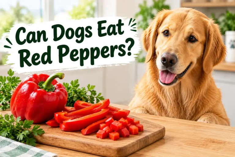 Golden retriever looking at sliced red bell pepper on a wooden cutting board
