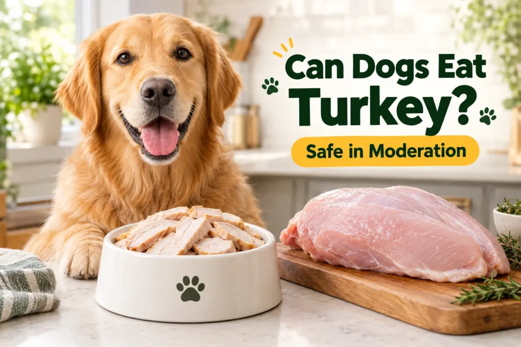 Golden retriever with a bowl of cooked turkey and raw turkey breast, illustrating whether dogs can eat turkey