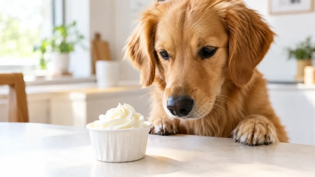 A small serving of plain whipped cream near a dog, illustrating whether