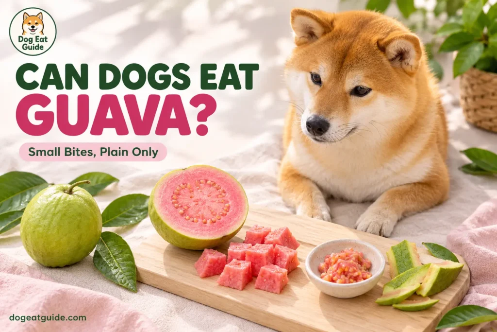 Can dogs eat guava? A Shiba Inu beside a halved ripe guava with bite-sized pink pieces, seeds in a small dish, and rind set aside