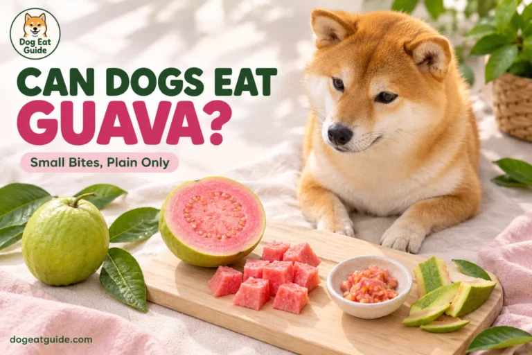 Can dogs eat guava? A Shiba Inu beside a halved ripe guava with bite-sized pink pieces, seeds in a small dish, and rind set aside