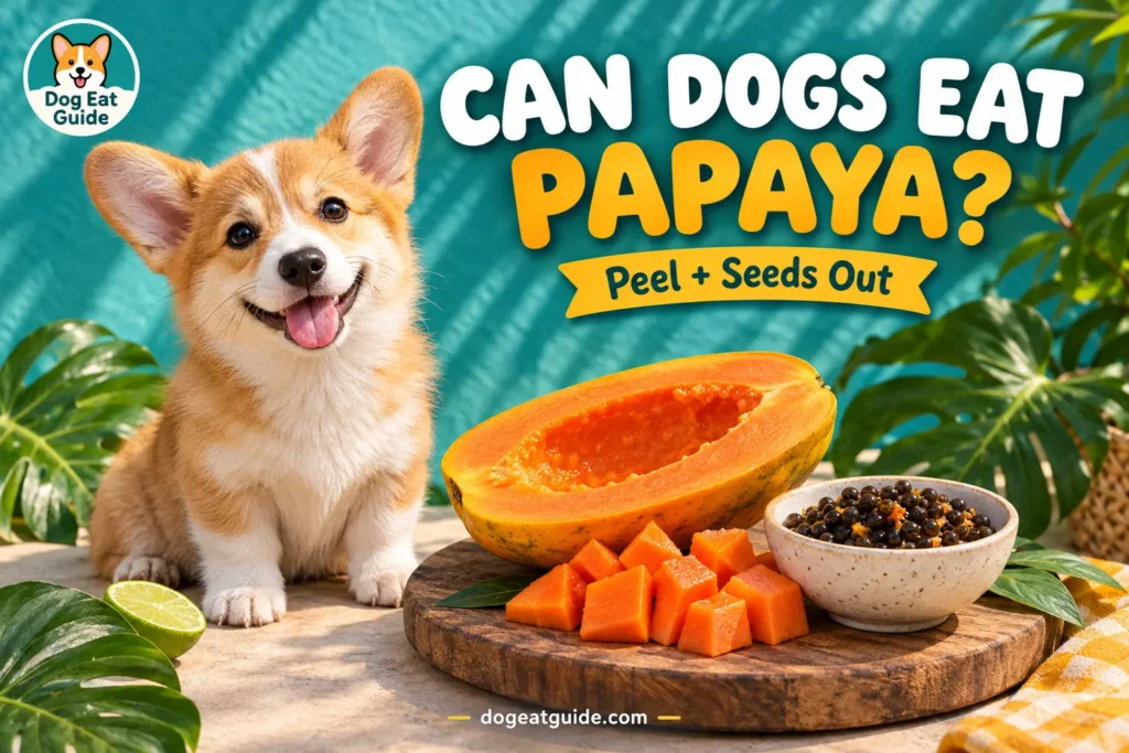 Can dogs eat papaya? A corgi puppy beside a halved ripe papaya with the seeds removed and bite-sized pieces on a wooden board
