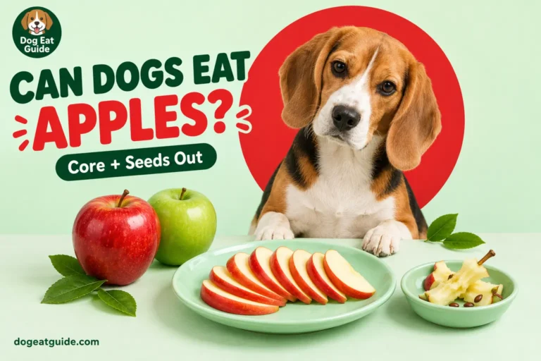 Can dogs eat apples? A beagle looking at thin bite-sized apple slices on a mint plate, with the core, seeds and stem set aside in a small dish