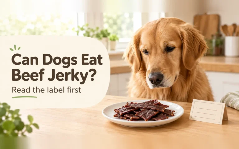 Golden retriever looking at a small plate of plain beef jerky with the text "Can Dogs Eat Beef Jerky?"