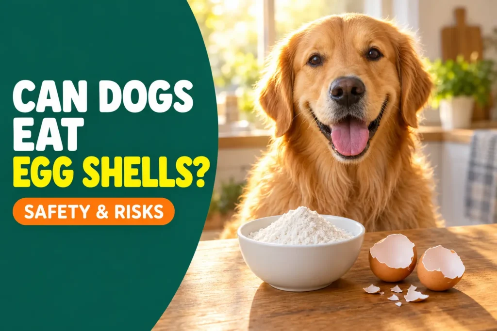 Can dogs eat egg shells? Smiling golden retriever beside a bowl of eggshell powder and cracked eggshells