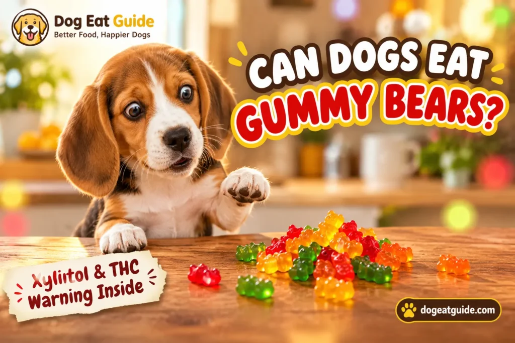 Can dogs eat gummy bears — a curious beagle puppy looking at scattered gummy bear candies with the title "Can Dogs Eat Gummy Bears?"