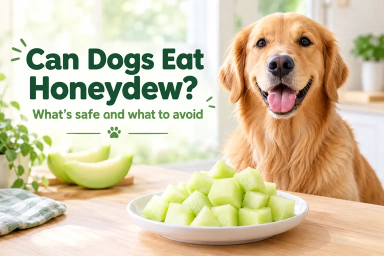 Golden retriever sitting at a table beside a plate of cubed honeydew melon with the text “Can Dogs Eat Honeydew? What’s safe and what to avoid”