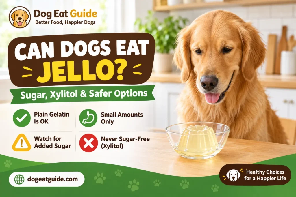 A golden retriever beside a bowl of plain gelatin jello with the title "Can Dogs Eat Jello? Sugar, Xylitol and Safer Options"