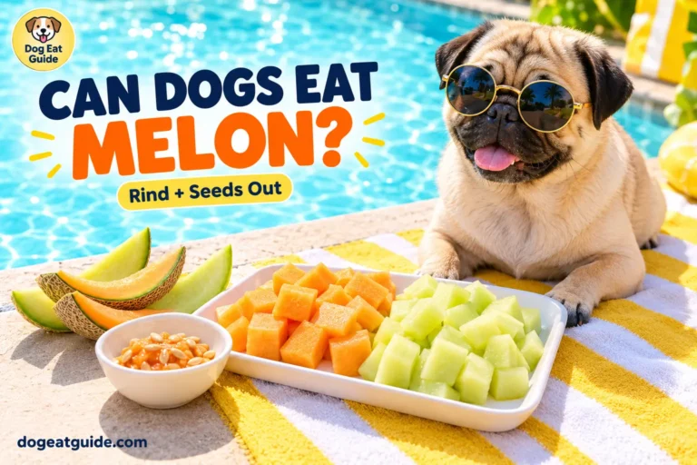 Can dogs eat melon? A pug in sunglasses beside diced cantaloupe and honeydew, with the seeds and rind set aside