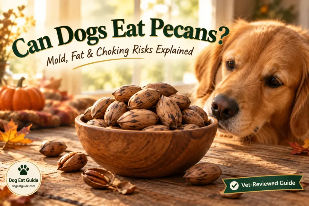 Can dogs eat pecans — a golden retriever curiously sniffing toward a bowl of whole pecans with the title "Can Dogs Eat Pecans? Mold, Fat and Choking Risks Explained"