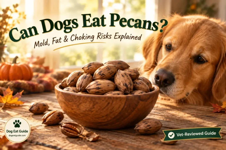 Can dogs eat pecans — a golden retriever curiously sniffing toward a bowl of whole pecans with the title "Can Dogs Eat Pecans? Mold, Fat and Choking Risks Explained"