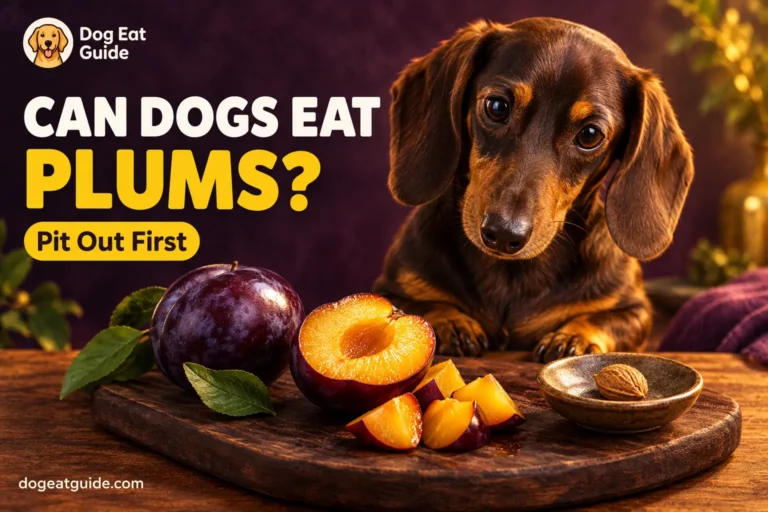 Can dogs eat plums? A dachshund beside a halved ripe plum and small bite-sized pieces, with the pit removed and set apart in a small dish