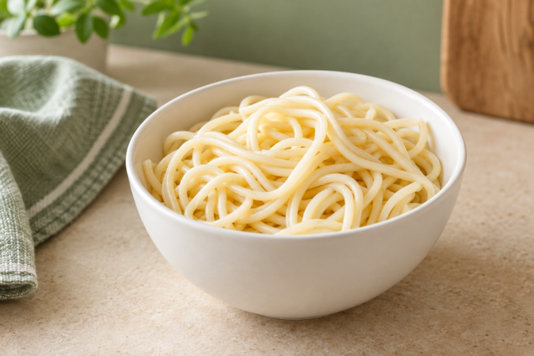 Plain cooked noodles in a white bowl without sauce or seasoning