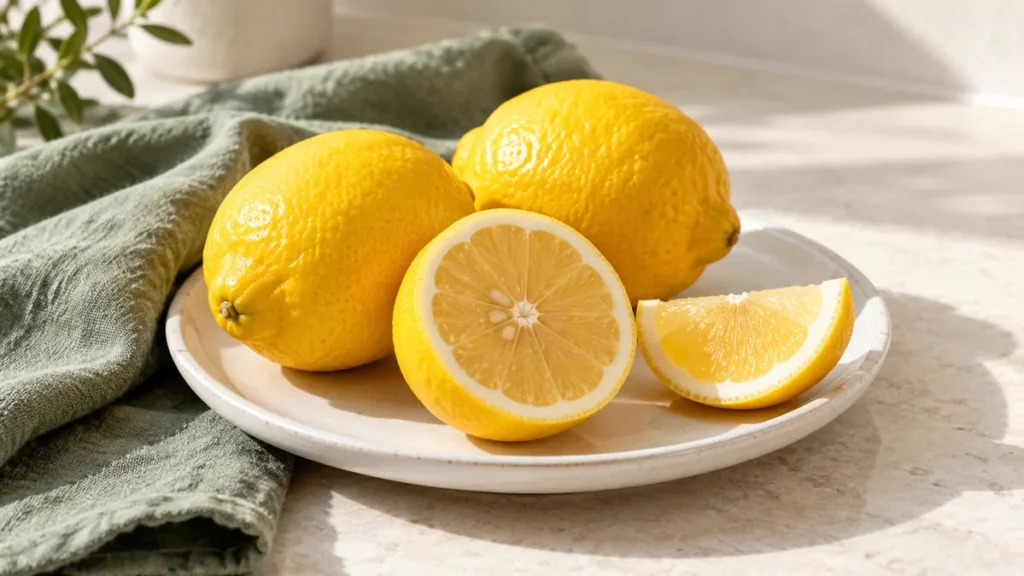 Whole yellow lemons with a cut half and wedge on a plate