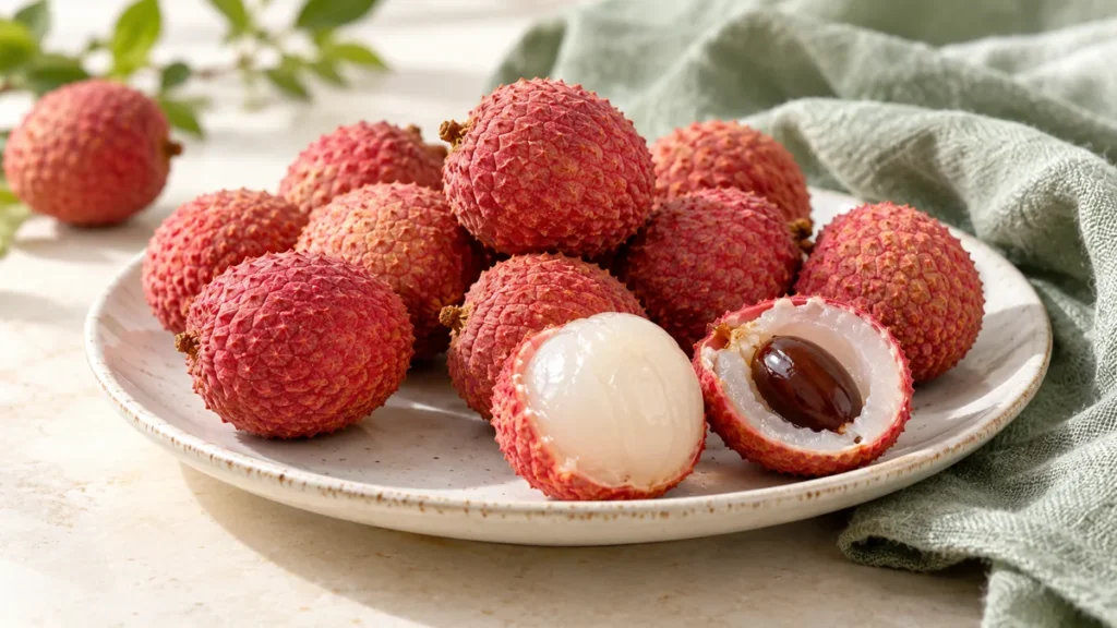 Whole red lychees with peeled white fruit and an exposed brown pit